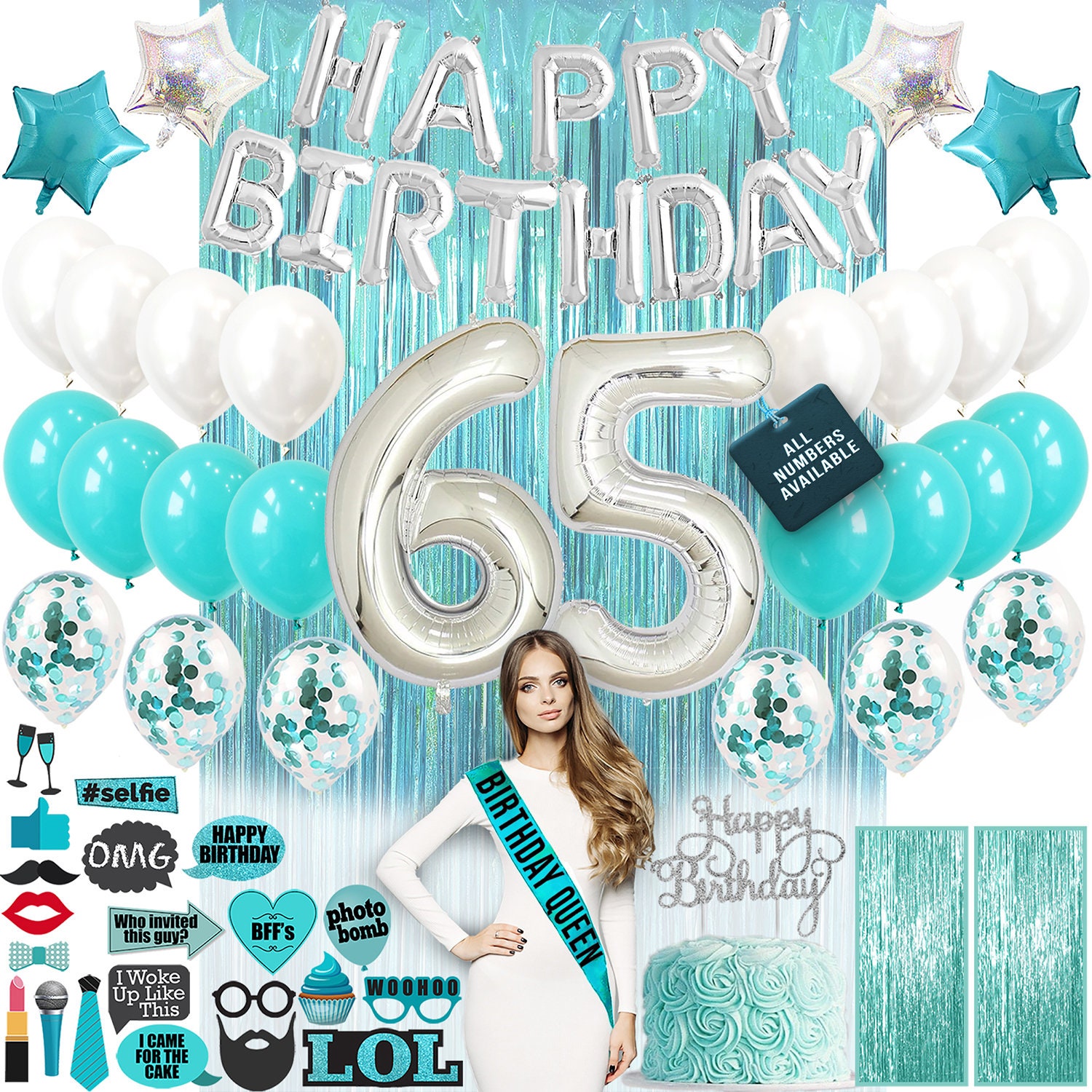 65th Birthday Decorations, 65th Birthday Party Supplies, 65th Birthday Banner Teal Green, Confetti Balloons Her, 65 Cake Topper, 65th Gifts - Walmart.com